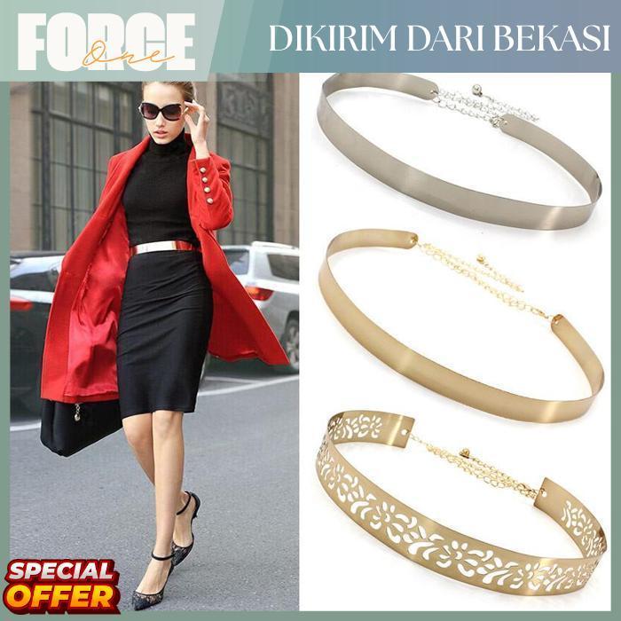 Force One Ikat Pinggang Sabuk Belt Plat Gesper Wanita Rantai Fashion Korea Cewek Obi Ring Emas GOLD 