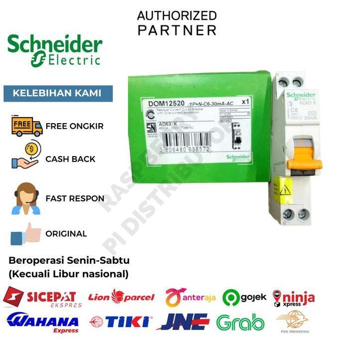 SCHNEIDER DOM12521 RCBO SLIM DOMAE 10A 1P+N C10 30MA AC 4500A RCCB+MCB RPD27