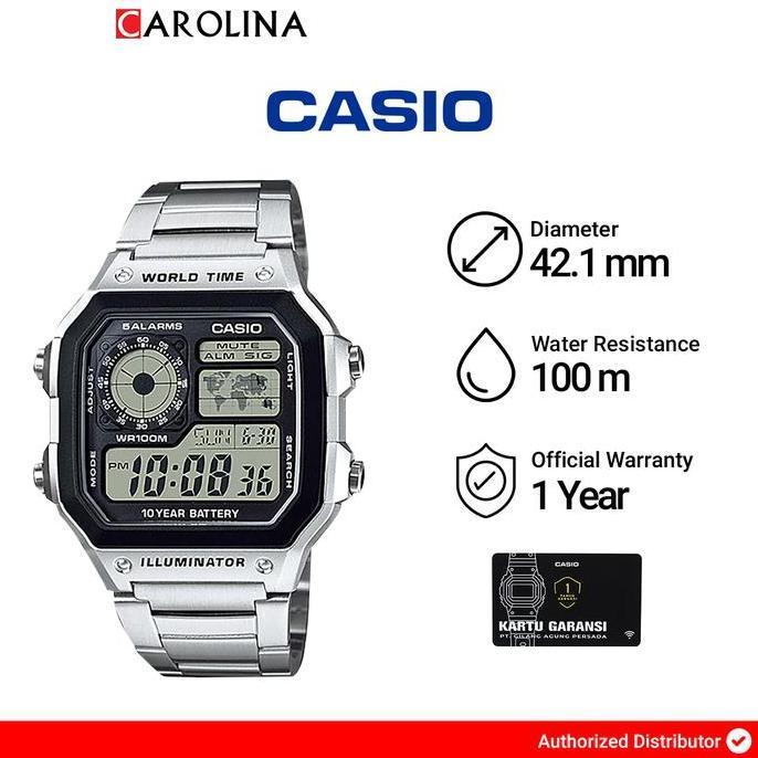 Clock- Jam Tangan Pria Casio Ae-1200Whd-1A Dital Quartz Tch Black Dial Stainless Steel Strap