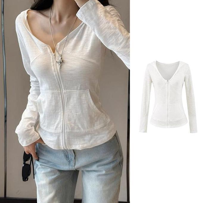 Abaka- Hoodie Zipper V-Neck Putih/Kaos Kardan Lengan Panjang Polos/Atasan Pelindung Matahari Tipis
