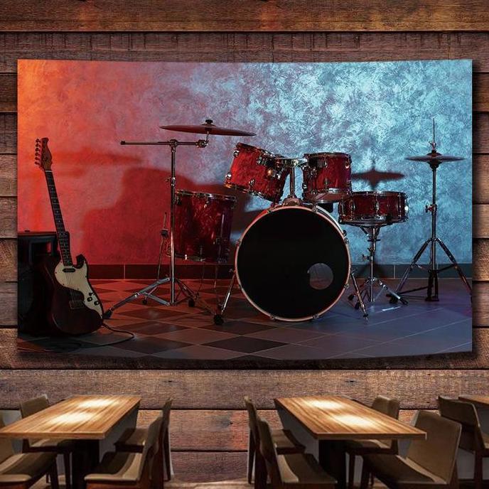 Kain latar belakang alat musik drum set  Kain dekorasi dinding untuk asrama, kamar tidur, dan studio
