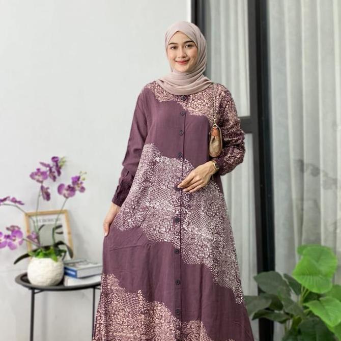 Arsy- Naya Batik - Gamis Twill Pekalongan Cap Malaman Bukan Sablon Dress Nita Muslim Motif Garis Tan