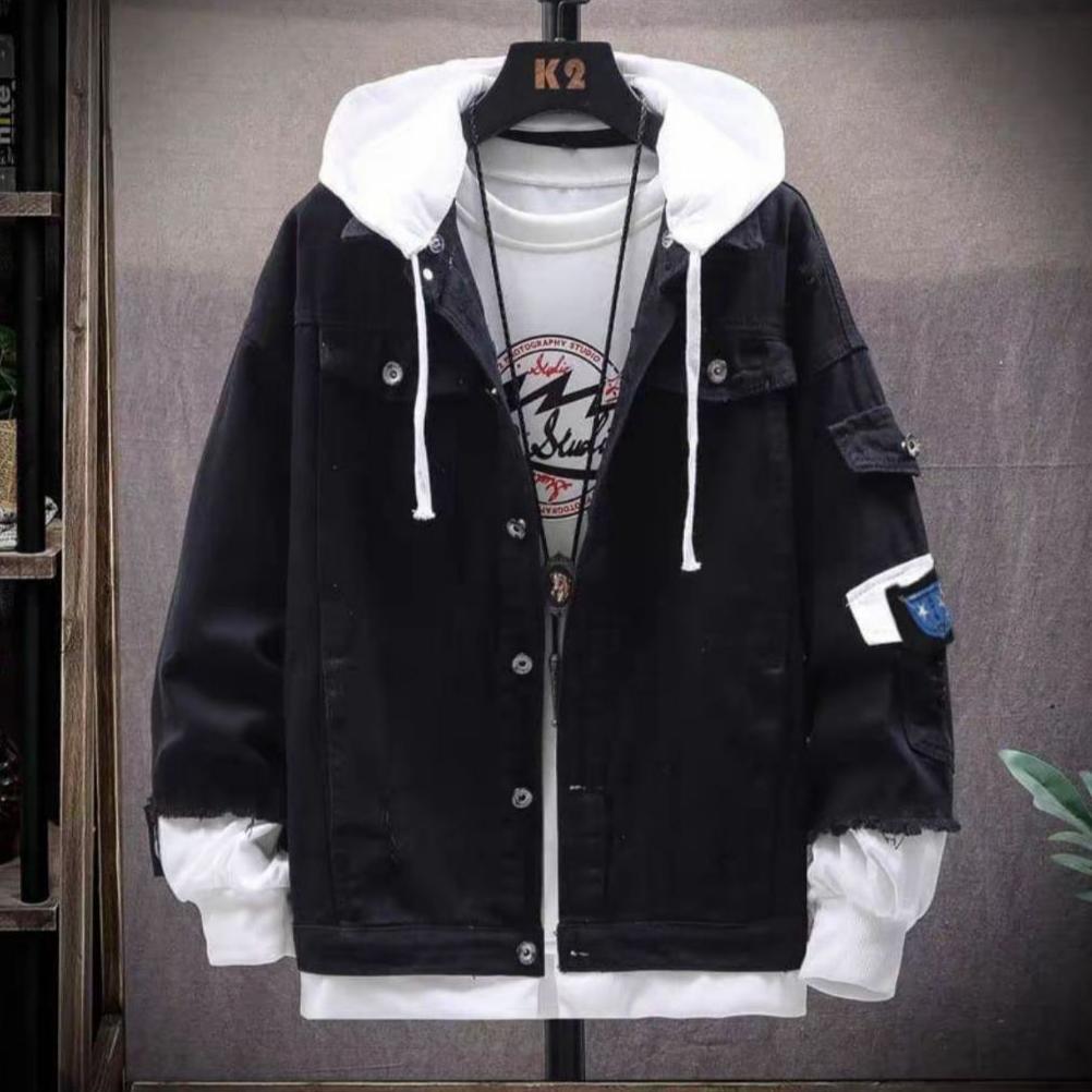 HOT DEALS Jacket Jeans Hip Hop Korea Style Pria Wanita Kupluk Denim Hitam MM.STORE