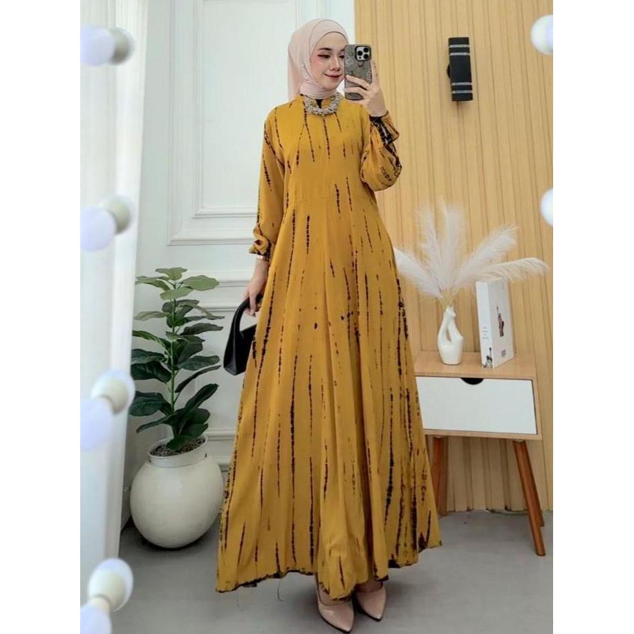 Arsy- Gamis Rayon Twill Motif Jumputan Gamis Nita Simple Dan Elegan Gamis Jumbo