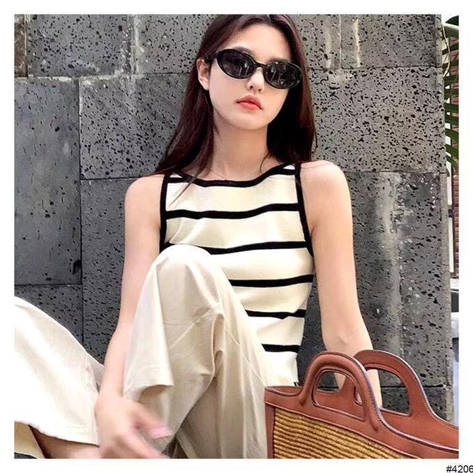 Tank Top Wanita Stripe Knit Top / Tank Top Wanita Korea / Casual Top  Panjang Atasan Crop Cewek Basi