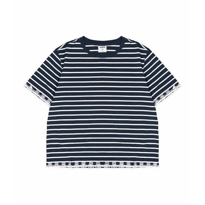 3Second Kaos Garis Wanita Lengan Pendek Boxy Fit Stripe Tee Renda Charlotte HP-C090126