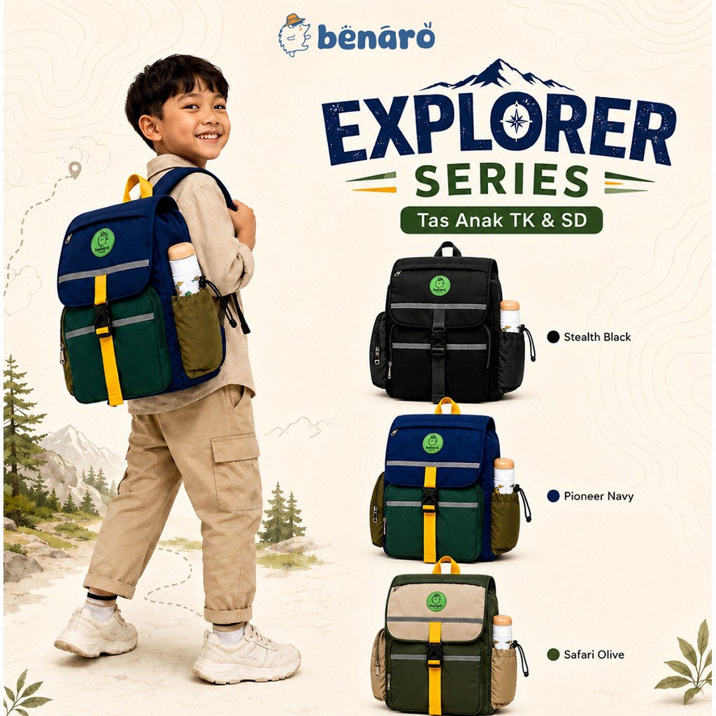 Benaro Explorer Tas Ransel Anak TK SD | Backpack Sekolah Ringan Bahan Nylon Crinkle Anti Air