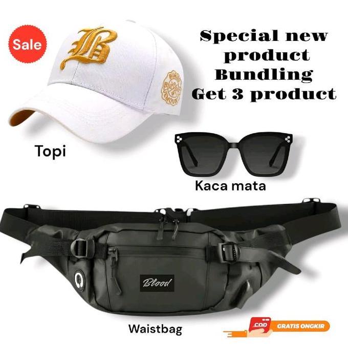 Best Seller Tas Pinggang waistbag Hitam Paket Bundling Pria wanita gratis Topi Baseball Kaca Mata Fa