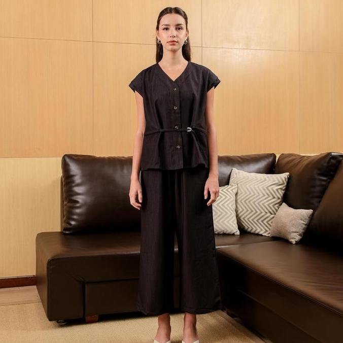 Asiro Ginka One Set Woolstrech One Set Denim Setelan Atasan dan Celana Setelan Wanita Kekinian Korea