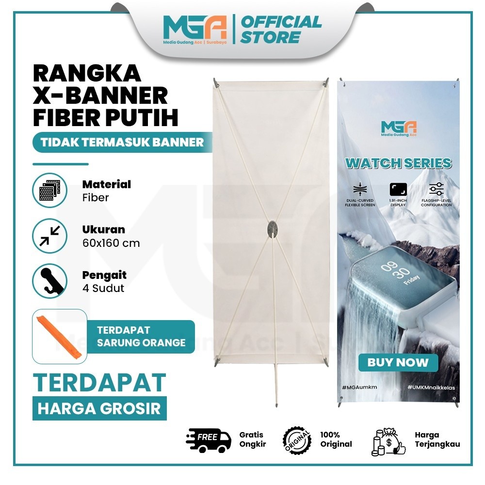 Rangka X Banner Fiber Putih Sarung Orange 60x160 cm / Stand Banner Promo Portable Putih