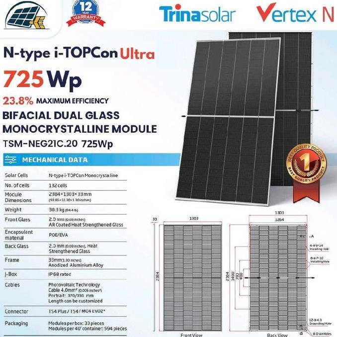 Panel Surya Terbaru Trina Solar Bifacial 720Wp Vertex N Type I Topcon Ultra Depan Belakang