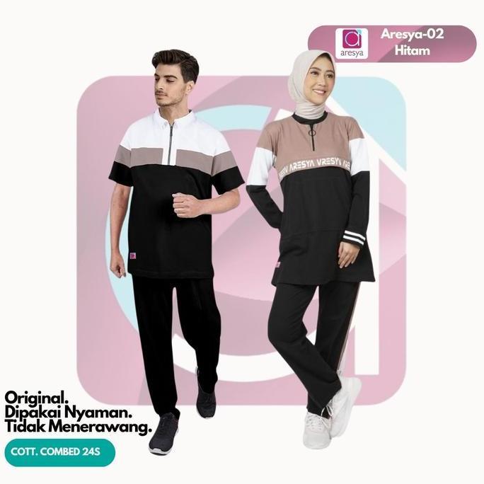 Aresya Setelan Baju Olahraga Couple Pria Wanita Sporty Aresya-02 Hitam Bahan Cotton Combed 24's Lemb