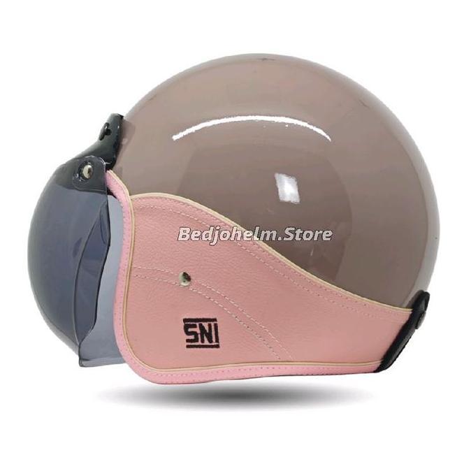 TERLARIS HELM BOGO DEWASA SNI SEMI KULIT POLOS FULL LEHER BUSA COKLAT - MOTORCYCLE
