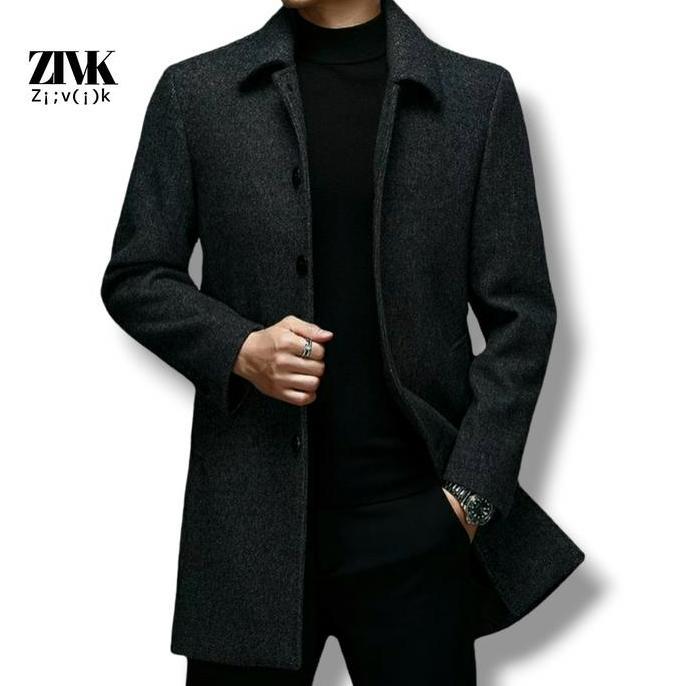ZIVK Winter Coat Wool Pria Single Breasted - Black Aaron JS