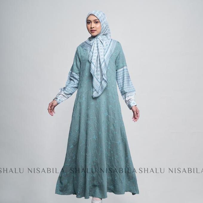 Shalu Nisabila - Jean Dress Gamis Bordir Kombinasi Panjang Coklat Maroon Grey Nyaman Syari Premium F