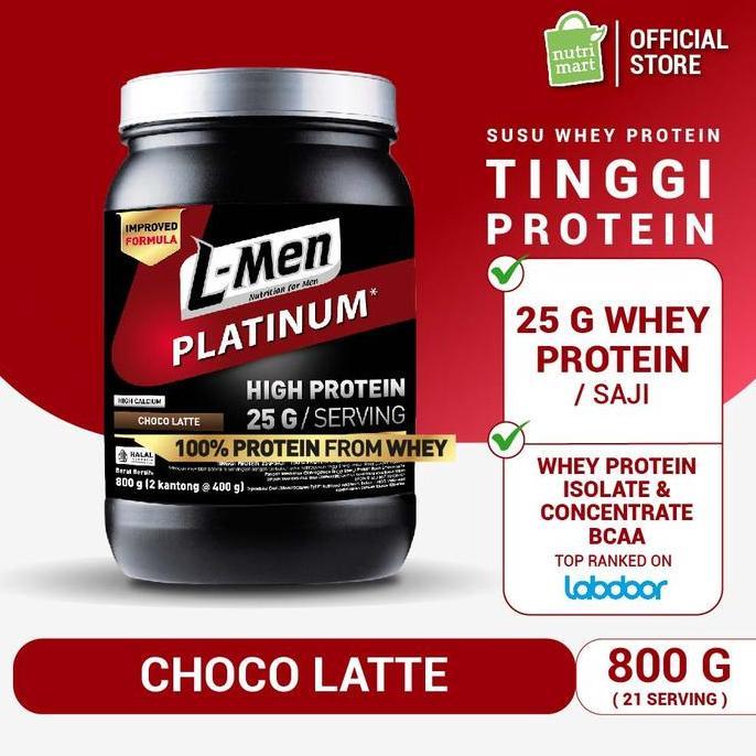 L-Men Platinum Choco Latte 800gr 1,7lbs - 25g Whey Protein - 21 Serving - 5,9g BCAA dilengkapi Creat