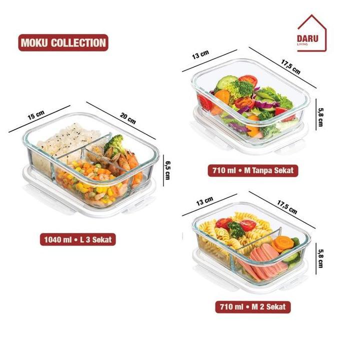 DARU MOKU - Lunch Box Kotak Penyimpanan Makan Bahan Kaca Microwave Oven Safe Bersekat /Lunch box est