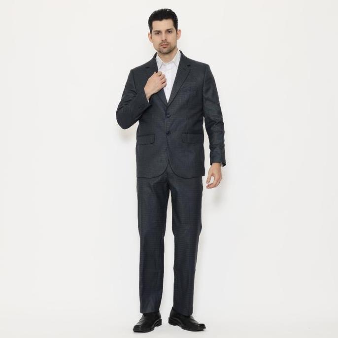LAWELL BRAVO Set Jas Formal Pria Navy Check Kecil Regular Fit