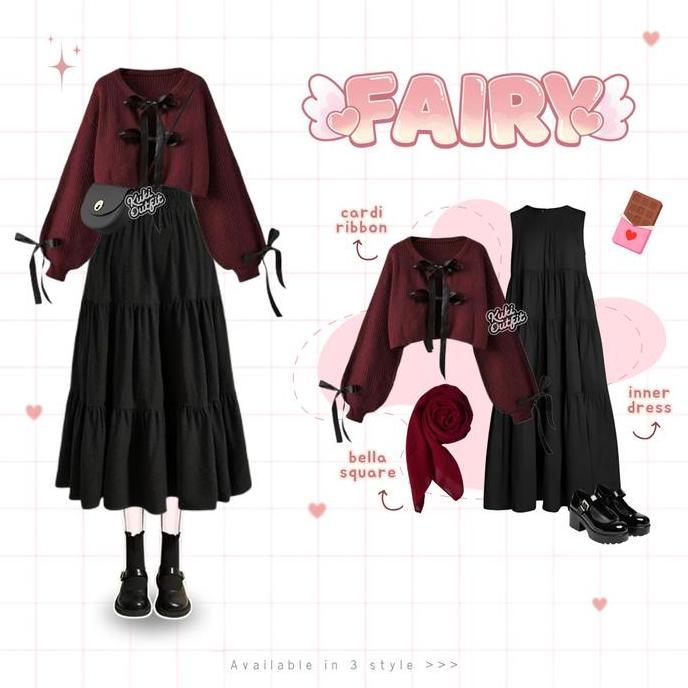 KUKI OUTFIT - Fairy 1 Set Outfit Wanita (Cardigan Pita, Rok, Celana, Hijab) Douyin Outfit Set Maroon
