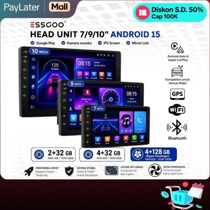 ESSGOO Head Unit Android 15 mobil 4G+64G  7/9/10 Inch 2 Din Kontrol Suhu Cerdas IPS Layer Mobil Navi