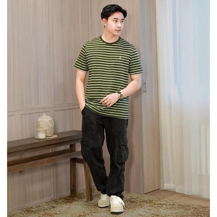 Matsuda Nantan Hijau Olive White T Shirt Pria Kaos Stripe HI