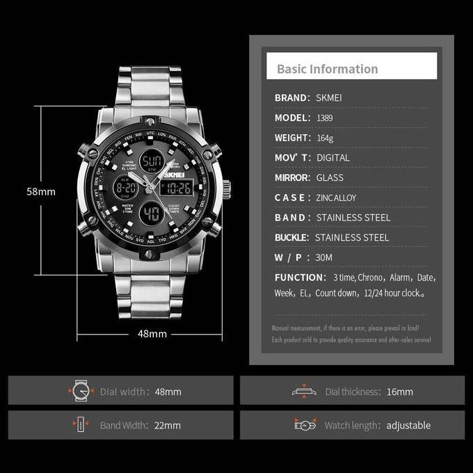 Jam Tangan Pria Analog Digital SKMEI 1389 Water Resist 3ATM Stainless Steel Original