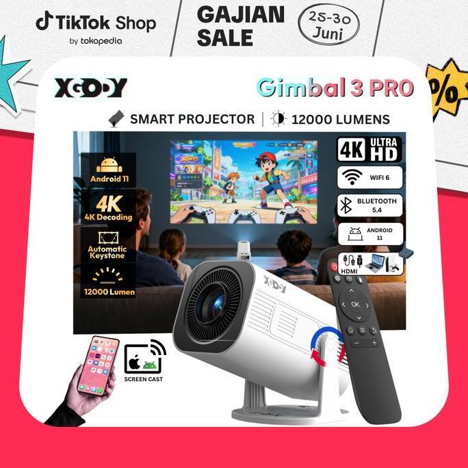 XGODY Gimbal 3 Pro Smart Proyektor LCD Android 11 - 720P - Auto Keystone - Netflix - YouTube - 220 A