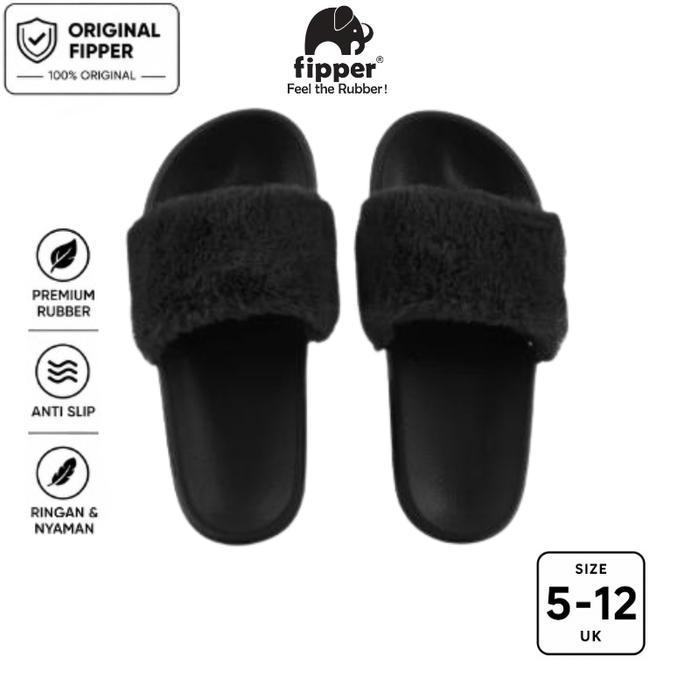 Fipper Slip On Fluff Sandal Selop Anti Slip Pria Wanita Original Ringan Nyaman Hitam Black / Black /