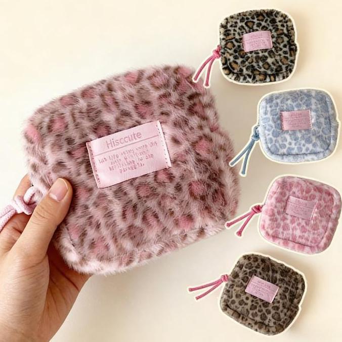 YUKAAME Tas Make Up Bulu Motif Macan Tutul Portabel Pouch Makeup Leopard Bulu Tas Kosmetik Motif Mac