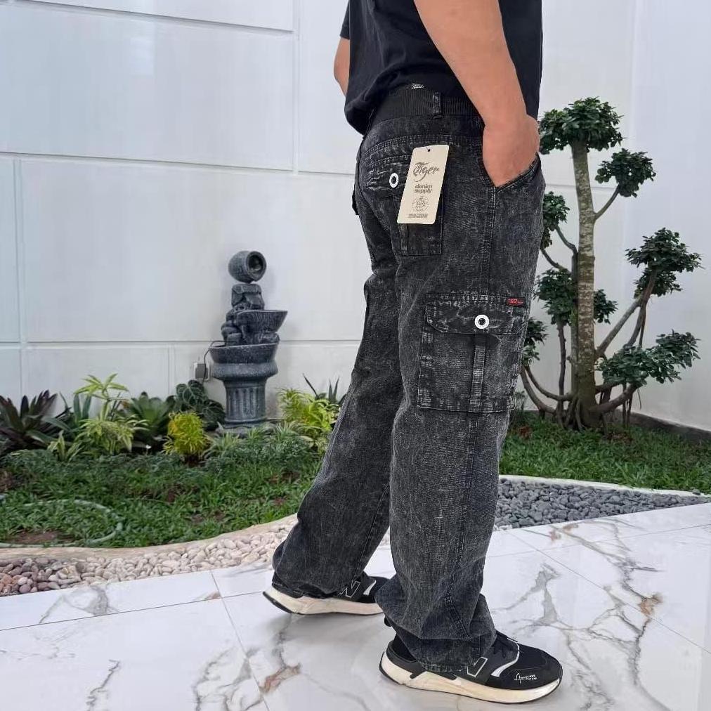 sale Long Cargo Pants Jeans Pria Loose Fit  Nstrech Regular Cargo Jeans Denim Black Sandwash Populer