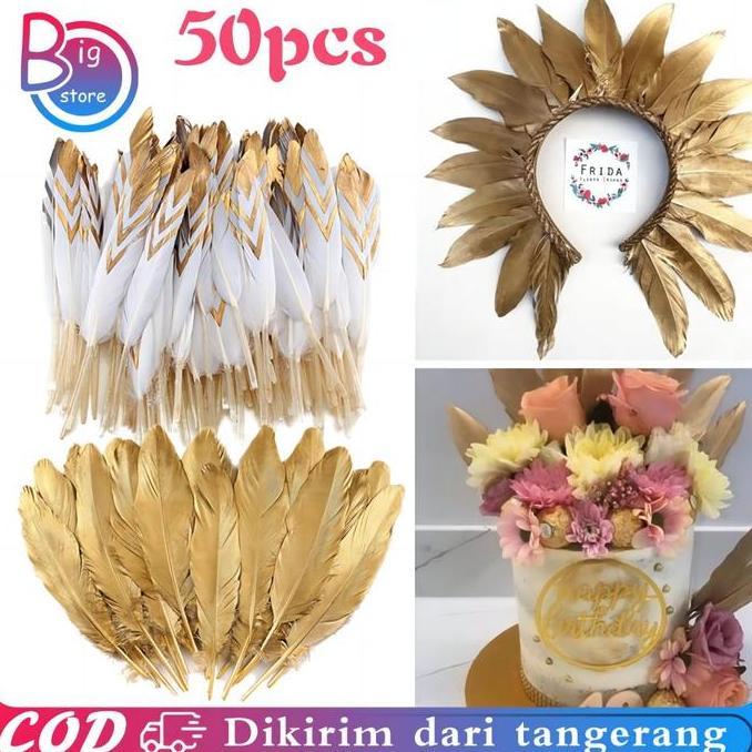 LEKCTROM Isi 50pcs Bulu Angsa Besar Gold Bulu Angsa Panjang Bulu Angsa Asli Bulu Ayam Panjang Bulu B