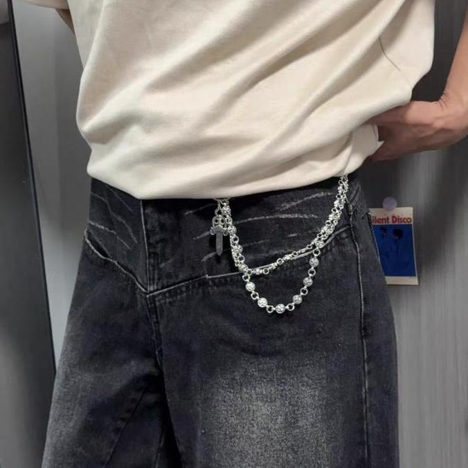 MATSURIKO Aksesoris Metal Gothic Tali Rantai Jeans Gaya Chrome Hearts dengan Liontin Salib Bola Peda