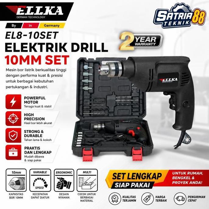 ELLKA Mesin Bor Listrik Bor 10mm SET BOX - Bor Beton Tembok Kayu Besi Putaran bolak balik Mesin Bor 