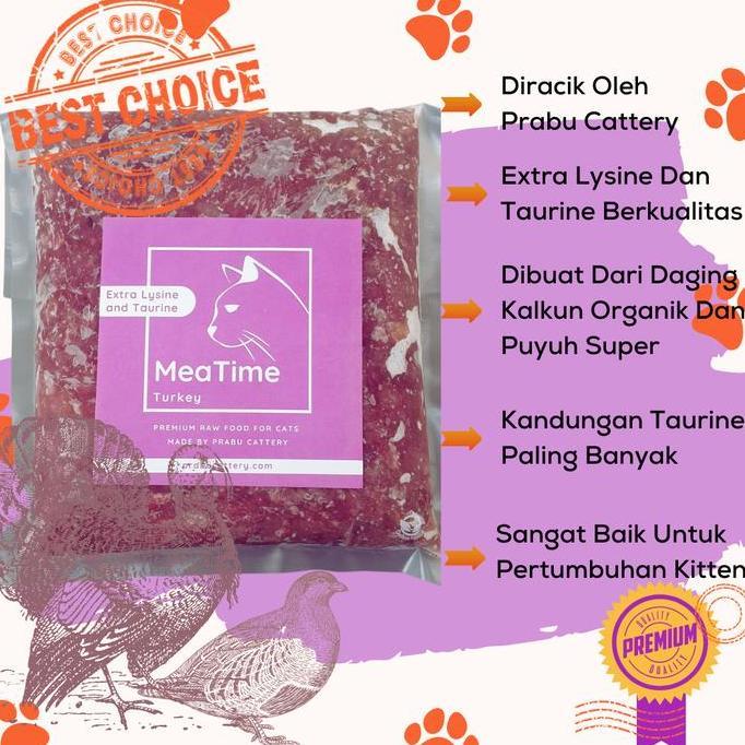 Meatime Turkey, Raw Food Kucing, Daging Kalkun Giling, Puyuh dan Sapi