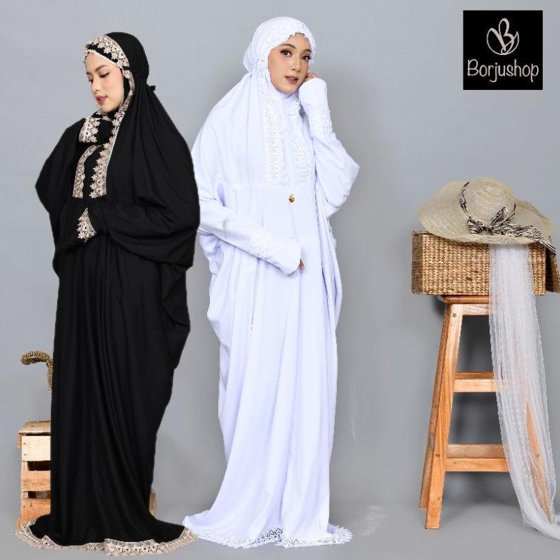 Harga Grosir BORJUSHOP - Mukena Terusan Dewasa Katun Polos Renda Bintang Krisdayanti Mukenah Terusan