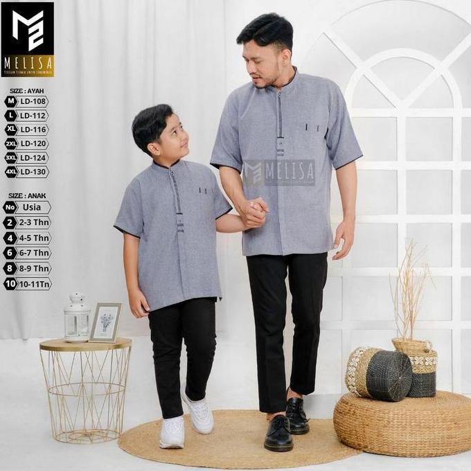 BIG SALE - baju koko pria couple ayah dan anak bahan katun madinah warna abu abu polos Muslim Pendek