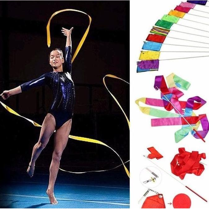TJANMON Tali Pita Tari Stik Balet Senam Ritmik Twirling Ribbon Gymnastic Stick