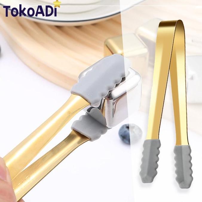 FASTONETO Emas Tanica Ice Tong / Food Tong Ice Cube / Sugar Tong / Alat Capit Stainless Steel Tebal 