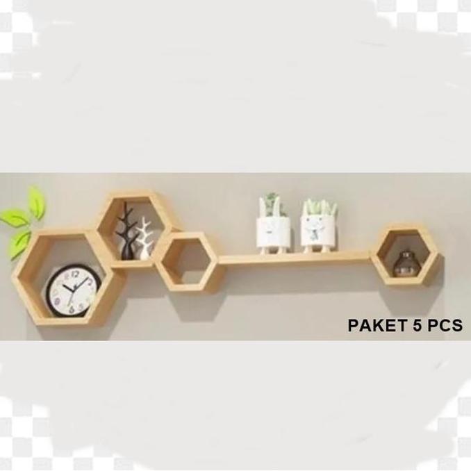 Rak Dinding Hexagonal Hiasan Dinding Aesthetic Rak Hexagonal Kayu Jati