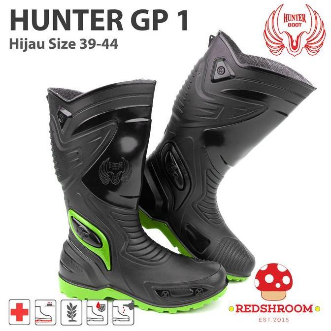 Warungbu_Asri - Sepatu Boots Tinggi Hunter Gp 1 Black/Green Shoes Karet Pria