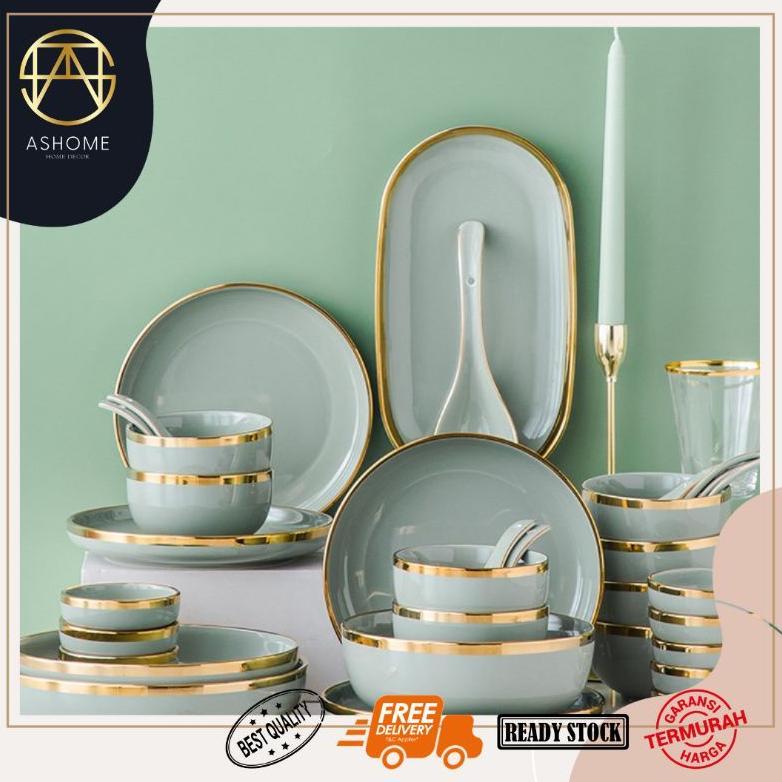 Piring Keramik Set Light Green Sesuai Foto / Piring Set Keramik List Emas / Piring Set Mewah / Pirin