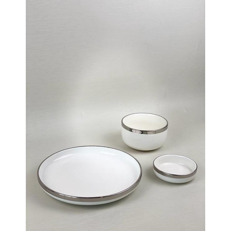 Piring Set 1 Orang/ Piring Makan Set Series Silver Isi 3 Pcs / Piring Set Keramik List Emas / Piring