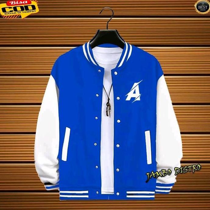 COD - Jaket Distro Varsity / Jaket Baseball Logo Font / Huruf Inisial A Text Putih Distro Fleece Cas