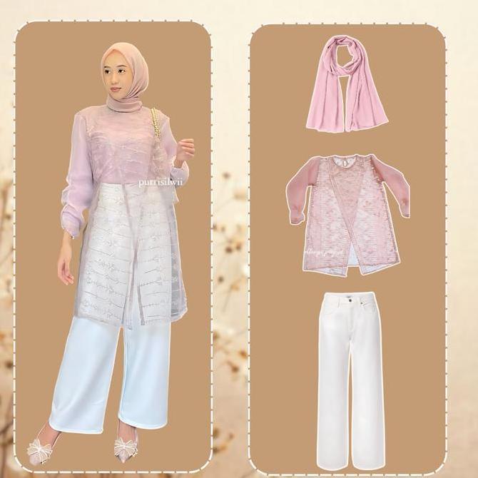 Qiriya Oneset Outfit Elegant Hijab Style OOTD Lebaran Hari Raya (Tunik Silang + Celana + Hijab)  Tun