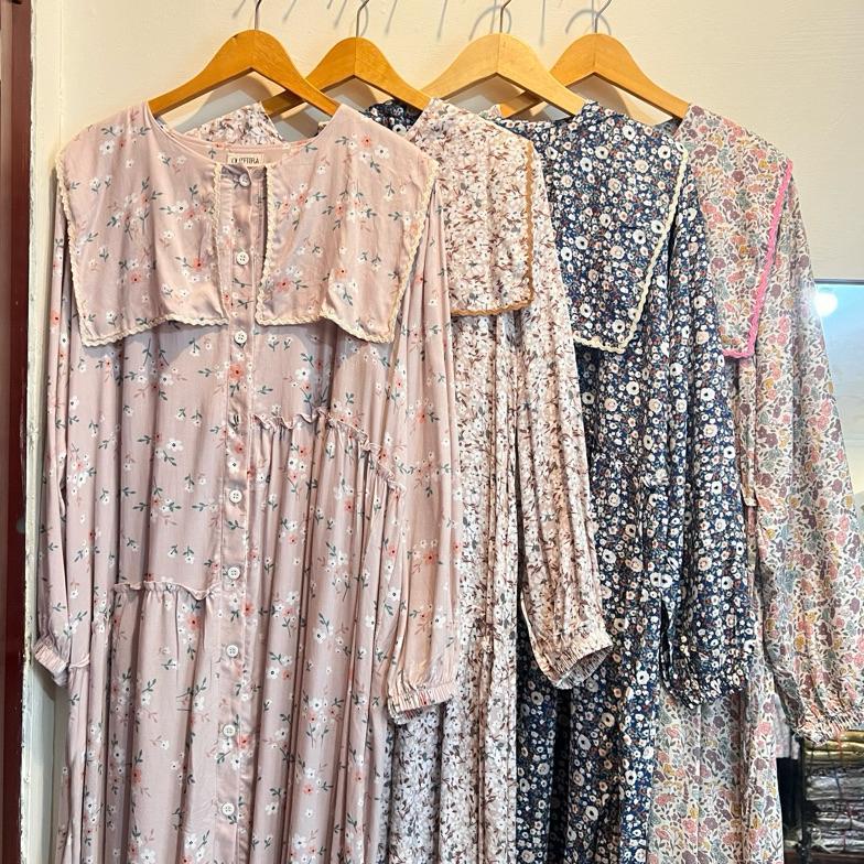 [Cod] Tunik Midi Gamis Crepe Ceruty Babydoll Rayon Motif Bunga Busui Friendly - Midi Dress Ceruti Ke