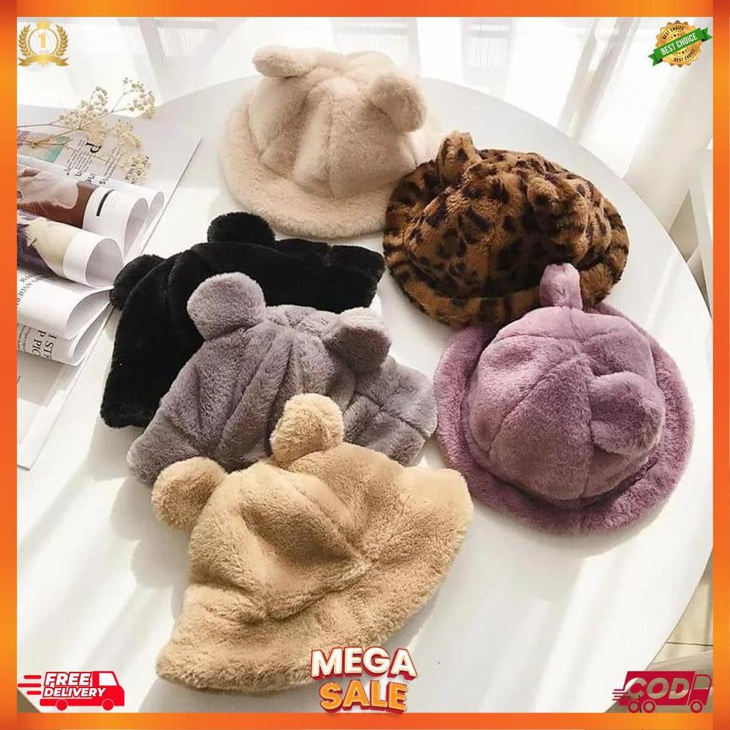 Topi Bucket Bulu Beruang Telinga/Bucket Hat Bulu Lembut Hewan [K2]