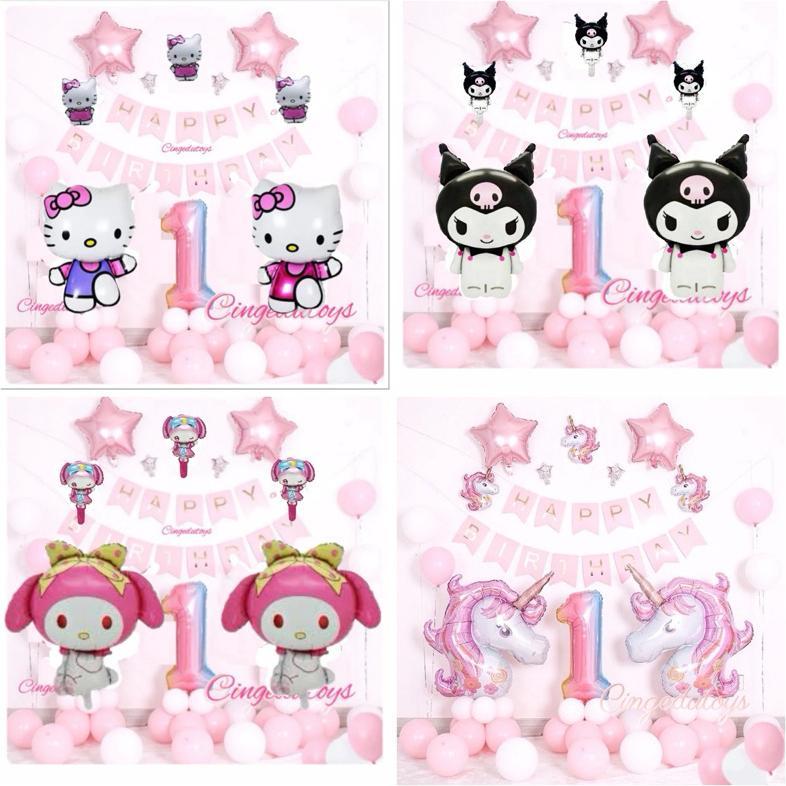 Paket Set Balon Dekorasi Ulang Tahun Anak Tema  Kucing Pony Coco Melon Unicorn Mermaid Minnie Mouse 