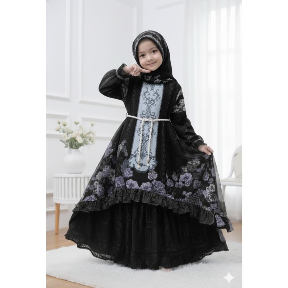 PROMO TERBARU Gamis Ceruty Babydoll Mix Brokat Chantilly Untuk Anak Perempuan Usia 3-12 Tahun Free H