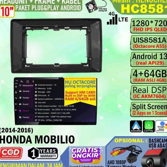 Promo Paket Headunit Android 10 Inch + Frame + Soket Pnp Honda Mobilio 2014 Hengchen Uis8581A Ram 4G