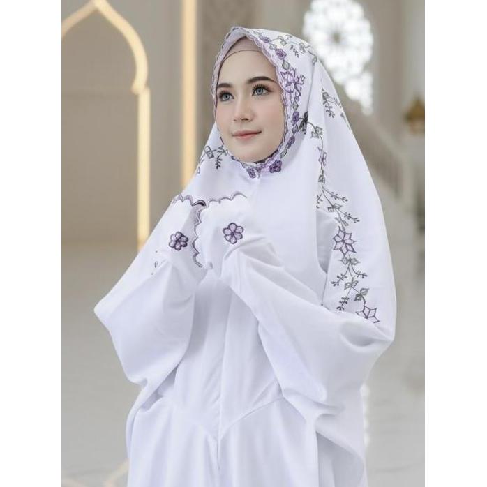 MUKENA LANGSUNGAN POLINO MIKRO PREMIUM PUTIH BUNGA STARLA, RUKUH TERUSAN LAJURAN DEWASA REMAJA KATUN